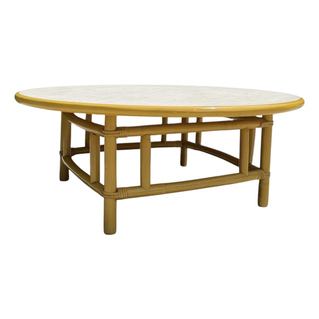 Vintage 42” Round Bamboo Coffee Table in the Style of Ficks Reed For Sale
