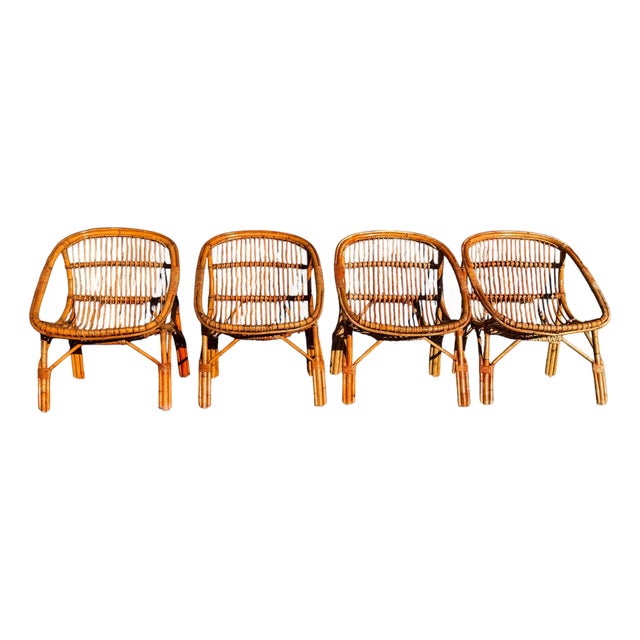 Vintage French Rattan Armchairs, 1960s, Set of 4 For Sale