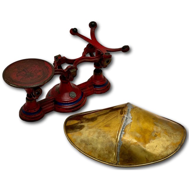 Nice Antique American Victorian Cast Iron & Brass Small Size Kitchen Scale With Excellent Original Red & Blue Paint For Sale - Image 13 of 18