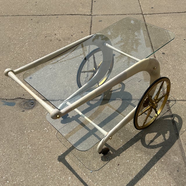 Mid-Century Modern Aldo Tura Goatskin Wrapped Wood + Glass Chariot Bar Cart C1960s For Sale - Image 3 of 10