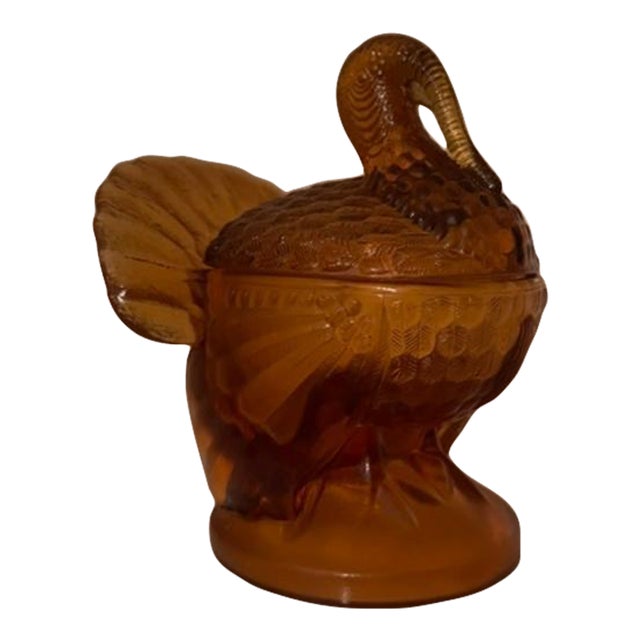 1950s American L. E. Smith Amber Glass Turkey Covered Dish For Sale