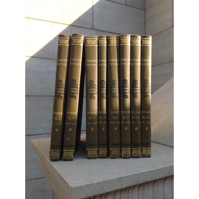 Illustration 1902 Olive Green Leather Gilt Books, Complete Set Vols 1-8, Brewer, Character Sketches of Romance, Fiction, Drama For Sale - Image 3 of 18