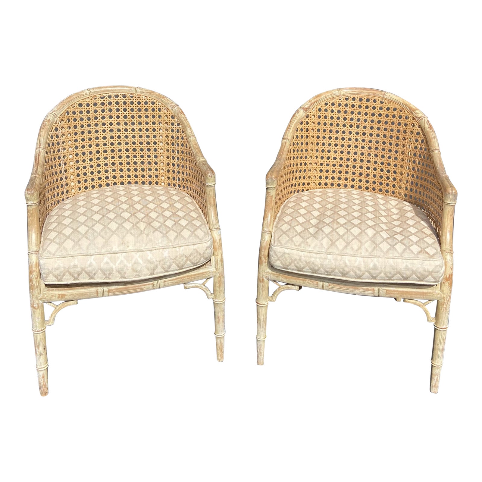 Hollywood Regency Barrel Back Faux Bamboo and Cane Chairs Circa 1960s