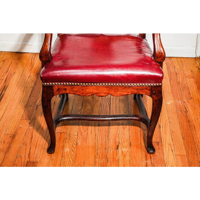 Brown Beautiful English Antique Carved Wood Walnut Desk Arm Chair Leather Seat For Sale - Image 8 of 18
