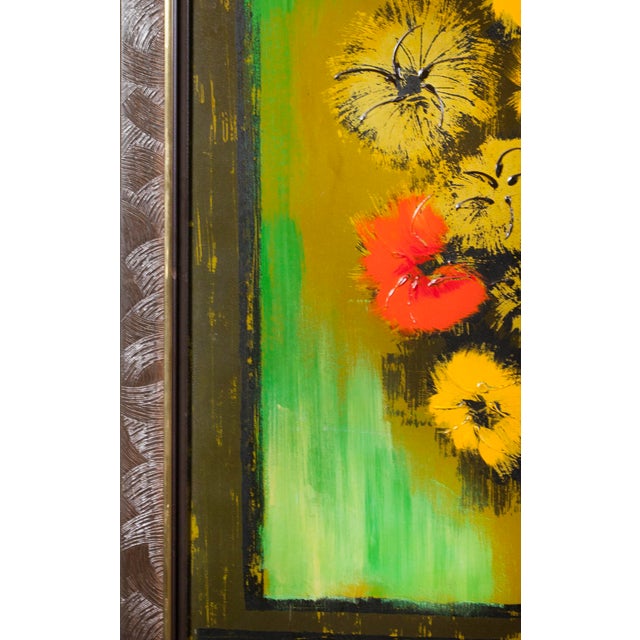Midcentury Floral Still Life Mixed Media on Board Vase of Zinnias Framed Signed Janss For Sale - Image 4 of 11