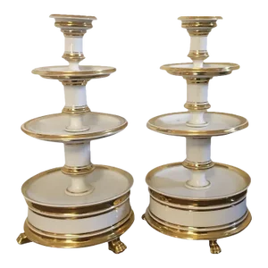 Antique Early 19th Century French Empire Porcelain Four Tier Cake Stand in White & Gold - A Pair