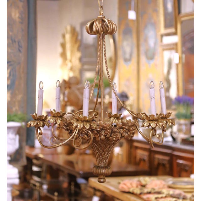 Mid 20th Century Mid-Century French Louis XVI Giltwood Six-Light Basket Floral Chandelier For Sale - Image 5 of 10