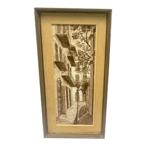 20th Century French Village Painting, Framed