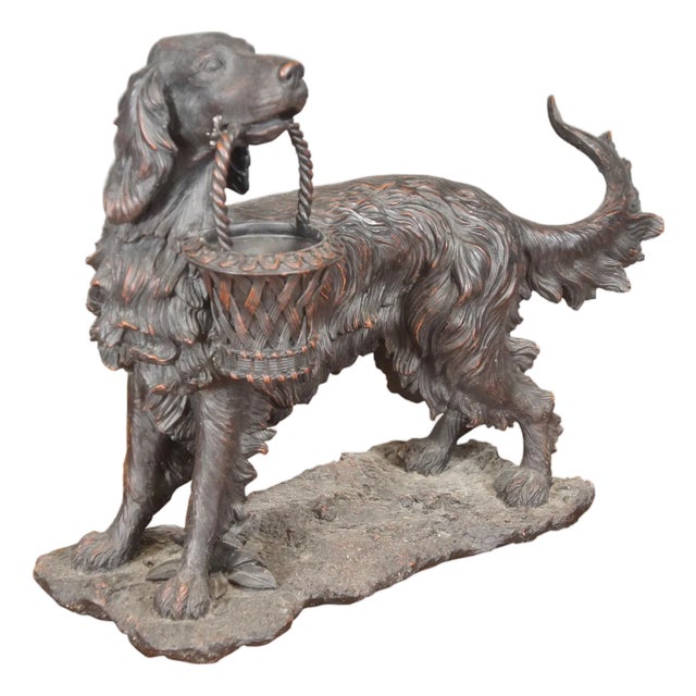 Late 20th Century Faux Bronze Resin English Setter Hunting Dog Basket Figurine Sculpture Expo For Sale