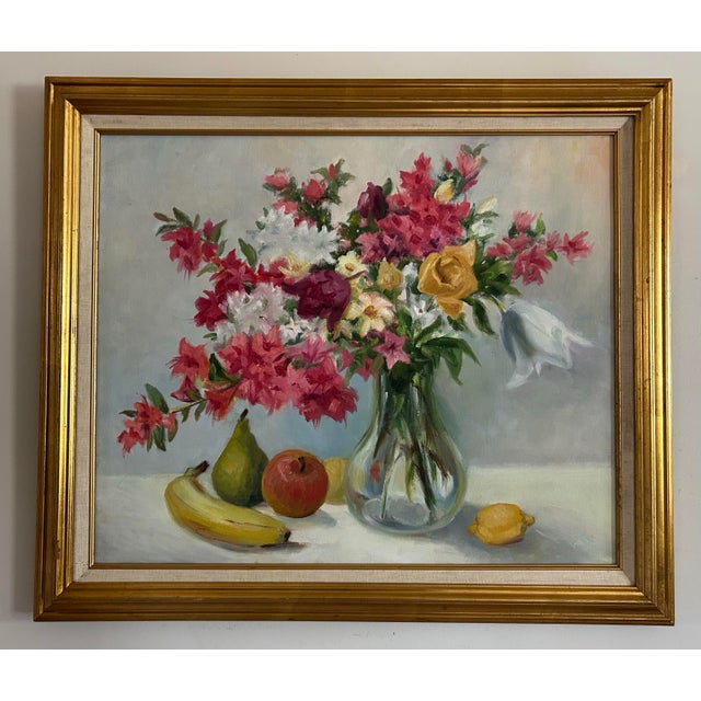 Large, vintage, floral still life with fruit, oil painting on canvas. In original vintage gilt wood frame. No date or...