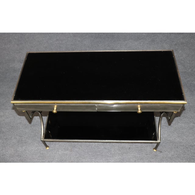 1940s John Vesey Attributed Steel & Brass Two Teir Console W/ Black Glass For Sale - Image 5 of 13