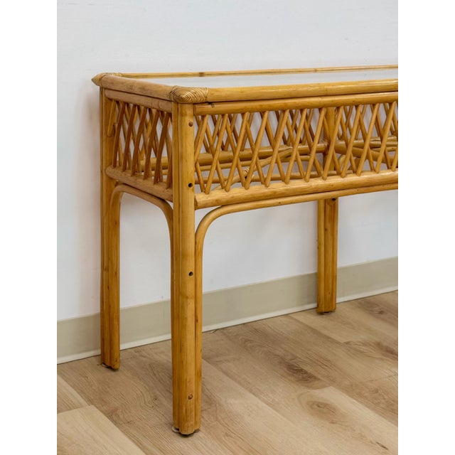 Vintage Coastal Wicker Rattan Console Table Woven Lattice Glass Top Beige Boho For Sale - Image 12 of 14