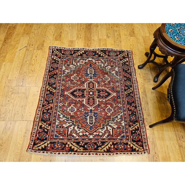 Vintage Persian Heriz Serapi Rug, Hand-Knotted Wool, Geometric Pattern, Brick-Red & Ivory, 4x4 For Sale - Image 9 of 18
