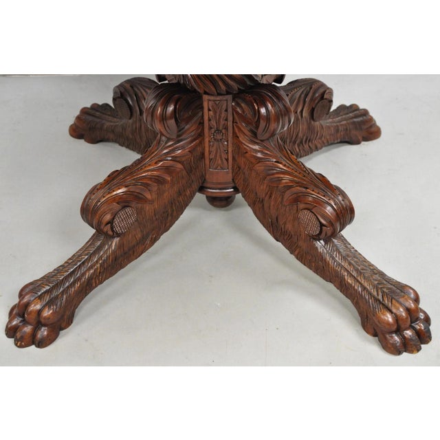 Wood Antique French Empire Carved Mahogany Paw Foot Pedestal Base Round Center Table For Sale - Image 7 of 12