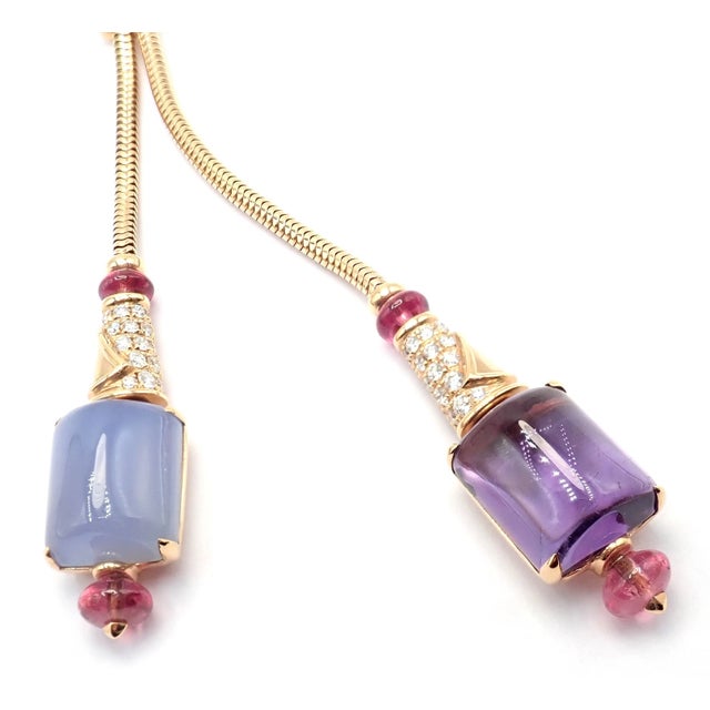 Metal Bulgari Rose Gold Amethyst Chalcedony Tourmaline Lariat Necklace For Sale - Image 7 of 15