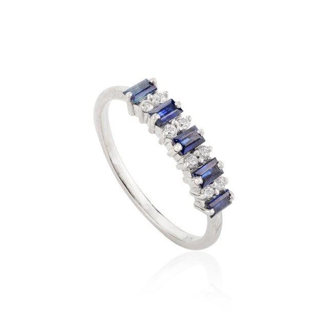 Baguette Cut Blue Sapphire & Diamond Half Band Ring Size 5.5 For Sale - Image 4 of 11