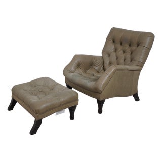 Green Tufted Leather Lounge Chair W. Ottoman For Sale
