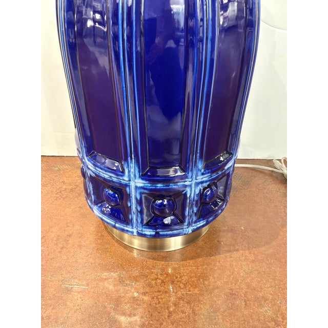 2020s Harp & Finial Large Mid-Century Style Lamp Blue Glaze. For Sale - Image 5 of 5