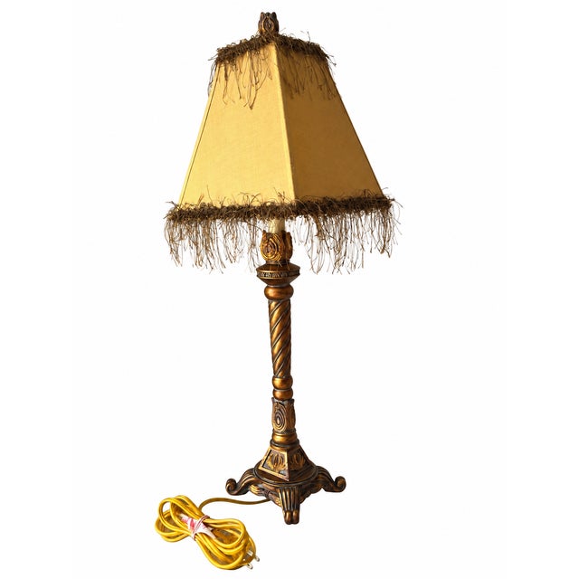 Ornate Gold-Tone Barley-Twist Buffet Lamp With Fringed Shade For Sale In Las Vegas - Image 6 of 11
