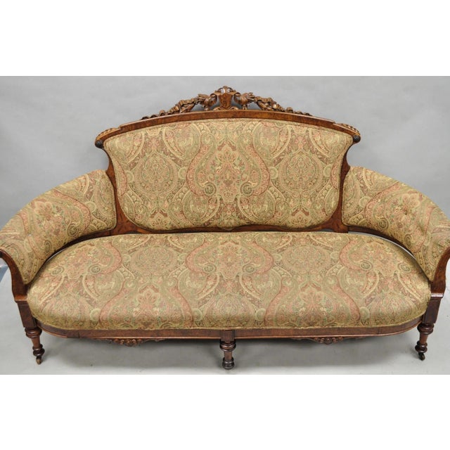 Antique Eastlake Victorian Carved Burl Walnut Parlor Set Sofa & 2 Chairs - 3 PCS For Sale - Image 9 of 18