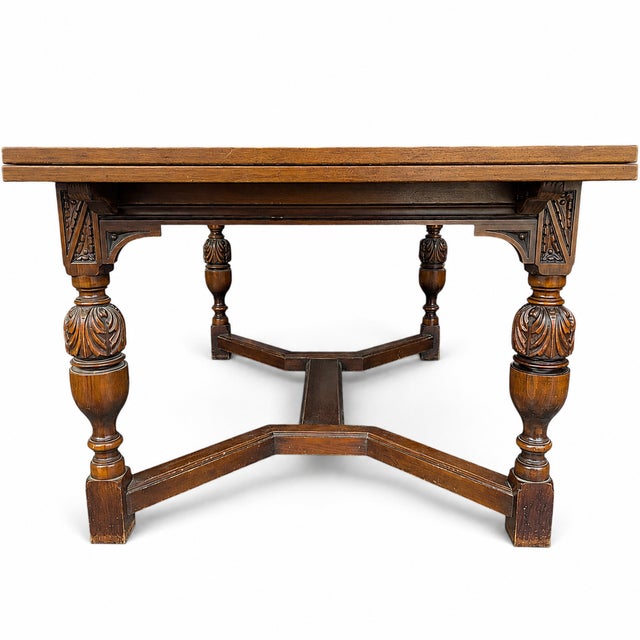 Traditional Vintage Walnut Jacobean Revival Refectory Dining Table With Carved Base For Sale - Image 3 of 15