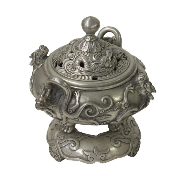 Chinese Silver Color Round Dragon Theme Incense Burner Display For Sale - Image 4 of 9