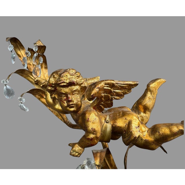 Mid 20th Century Pair of 29” Vintage Italian 3 Light Candelabra Wall Sconces W Prisms & Figural Cherubs For Sale - Image 5 of 9