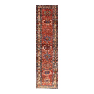 Antique Serapi Runner With Bold Geometric Medallions and Rich Tribal Design Motifs 3'3" X 14'0" For Sale