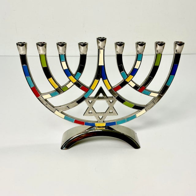1980s Vintage Contemporary Postmodern Hollywood Regency Enamel and Chrome Menorah For Sale - Image 12 of 13