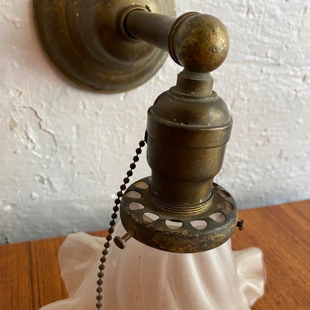 Brass Antique Industrial Brass Wall Sconce With Frosted Ruffle Shade For Sale - Image 8 of 11