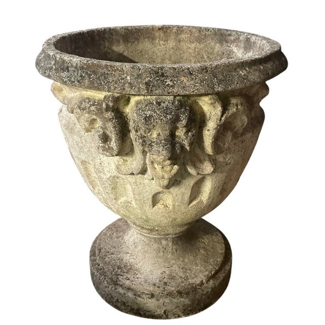 Vintage Neoclassical Cast Stone Garden Urn Planter With Lion Mascarons For Sale - Image 4 of 12