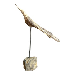 Mid Century Wood Bird Sculpture Mounted on a Stone For Sale