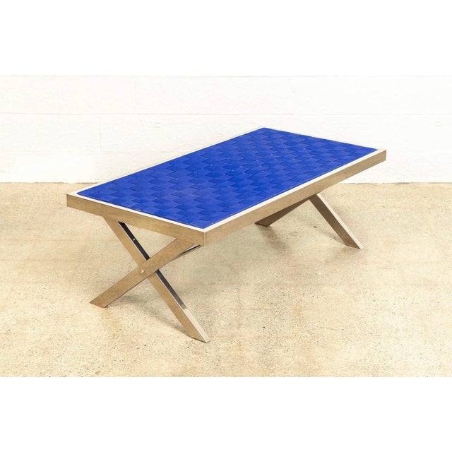 Metal Mid Century Modern Chrome and Blue Strap Bench Milo in Baughman Style For Sale - Image 7 of 10