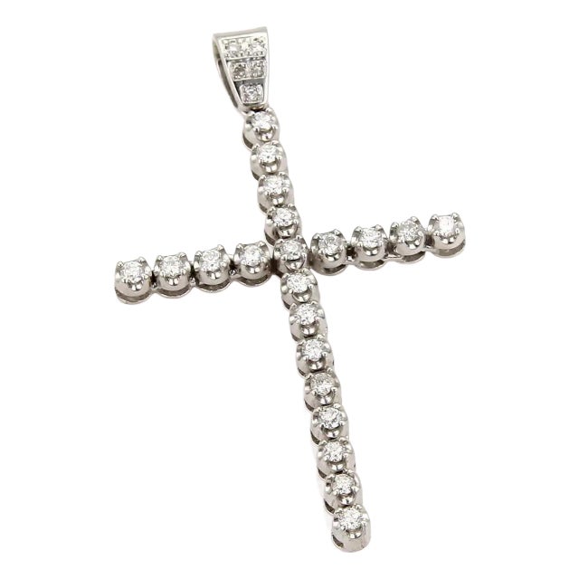 Large 14k White Gold Diamond Cross Charm Pendant For Sale