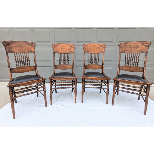 Late 19th Century Antique American Victorian Oak Chairs Leather Seats Spindle Back For Sale - Image 5 of 18