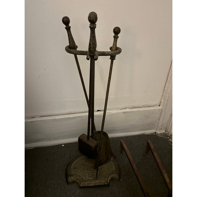 Arts & Crafts Arts & Crafts Style Cast Iron Fireplace Ensemble With Andirons & Tools For Sale - Image 3 of 4