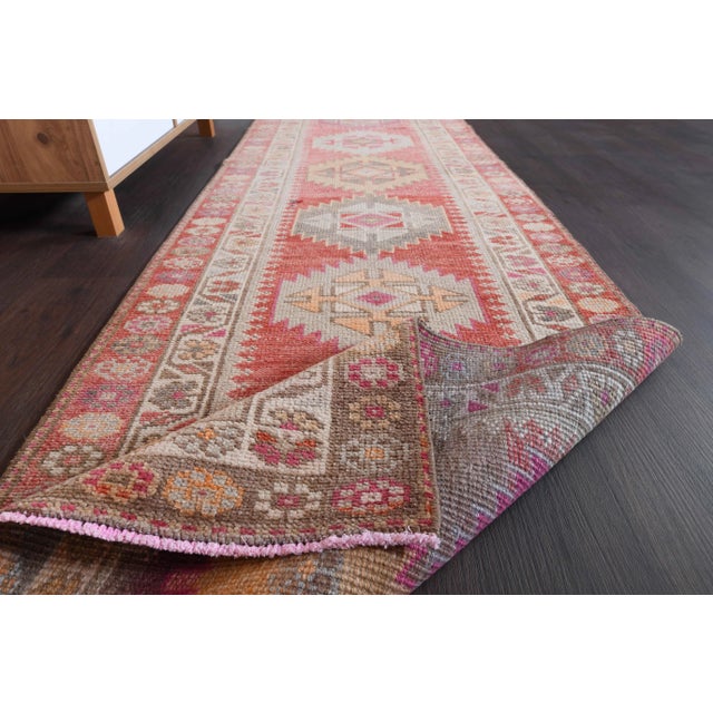 1970s Vintage Turkish Hand-Knotted Wool Cotton Red Runner Rug For Sale - Image 10 of 11