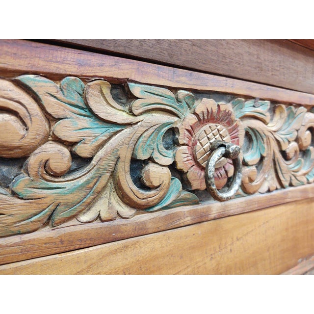 Large Mid-Century Balinese Hand-Carved Teak Sideboard - Hi-Lo Altar Cabinet For Sale - Image 9 of 18