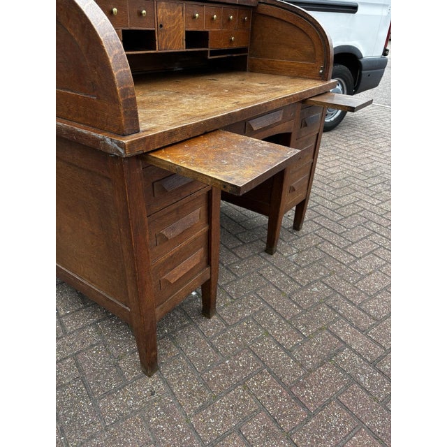 Wood Edwardian Oak Roll Top Desk For Sale - Image 7 of 15