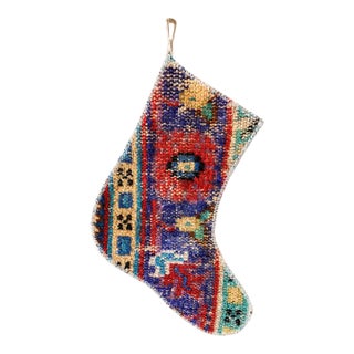 Vintage Turkish Hand-Knotted Wool Rug Christmas Stocking in Bohemian Red, Blue & Teal For Sale