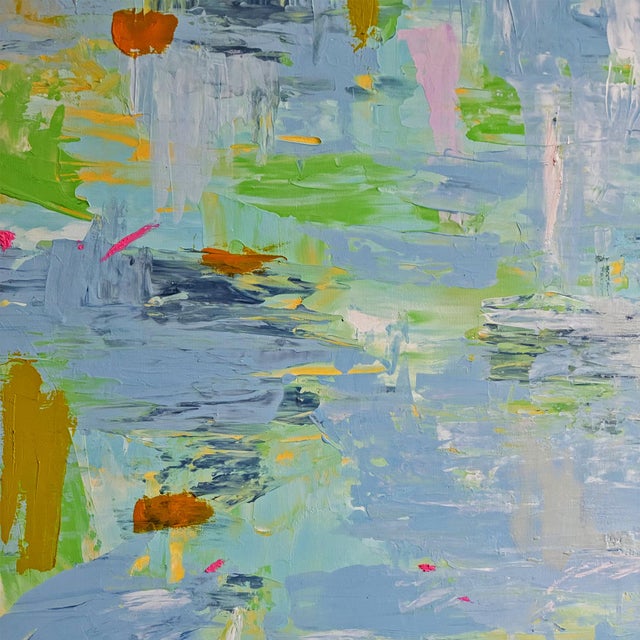 Textile Large Original Blue Green Abstract Canvas Art: Modern Palm Beach Art Oil and Acrylic Texture by Tatiana Dupearult For Sale - Image 7 of 8