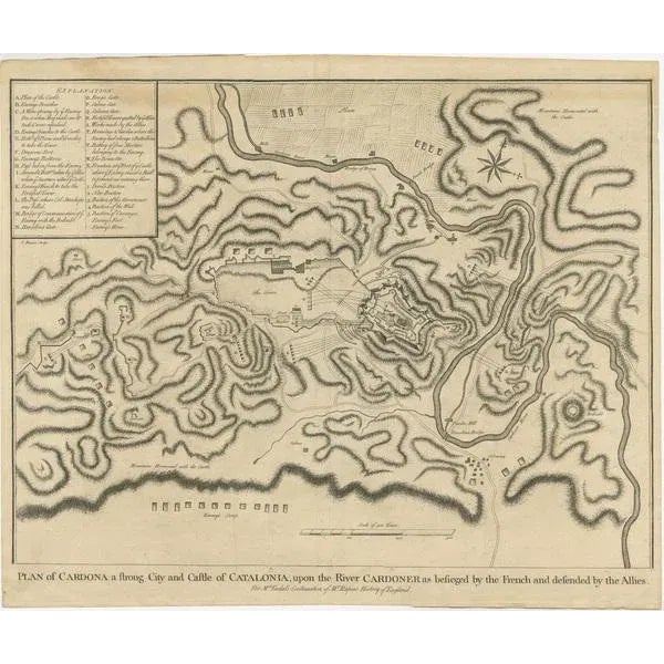 Antique print titled 'Plan of Cardona a strong city and castle of Catalonia, upon the river Cardoner as besieged by the...