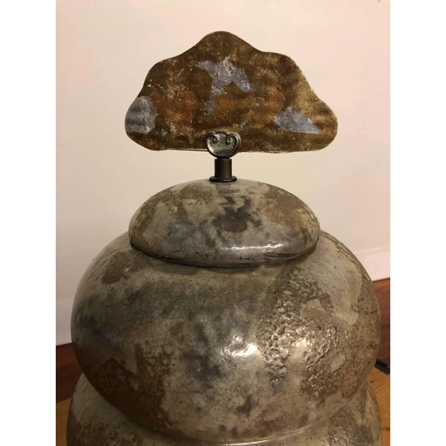 Metal Tony Evans Signed Raku Pottery Urn With Handmade Glass Handle For Sale - Image 7 of 11