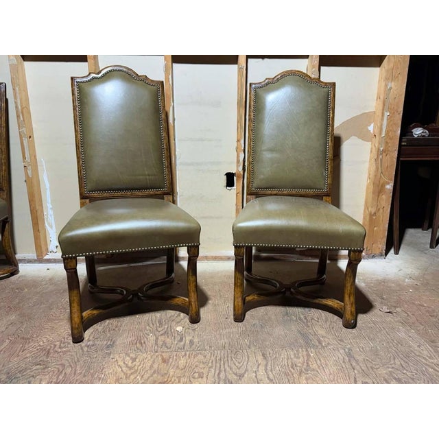 Wood Vintage Minton Spidell Dauphine French Style High Back Olive Leather Dining Chairs. Set of 8 For Sale - Image 7 of 18