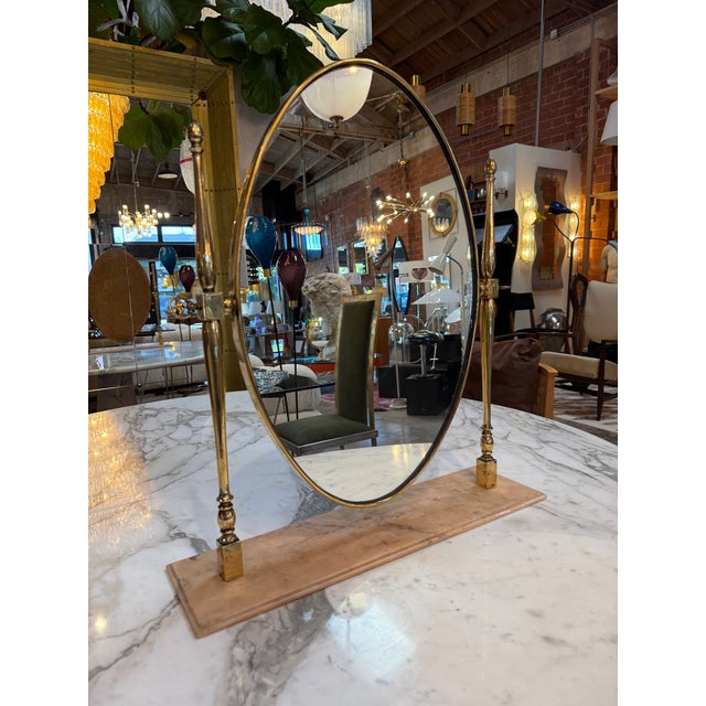 Brass Vintage Brass Oval Vanity Mirror With Marble Base For Sale - Image 8 of 10