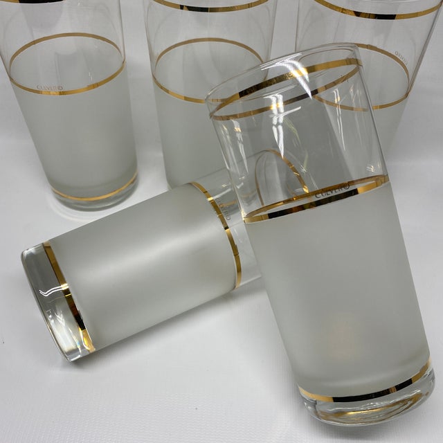 Vintage Culver Frosted and Clear Glass Drinking Glasses With Gold Trim