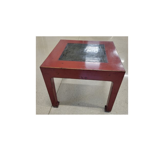 Antique Chinese Red Painted Side Table With Inset Slate Stone Top For Sale In Milwaukee - Image 6 of 11