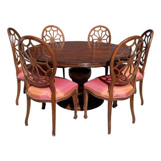 7 Piece 5ft Round Dining Set With Coral Upholstery For Sale