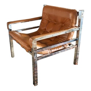 Mid Century Chrome and Leather Sling and Strap Arm Rest Chair For Sale