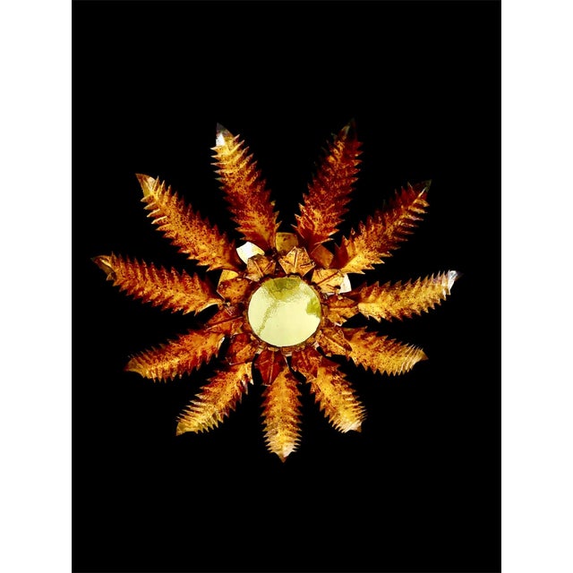Large Spanish crown light in metal and frosted glass, Spain, 1950s. Midcentury antique gilt iron frame or pendant with...